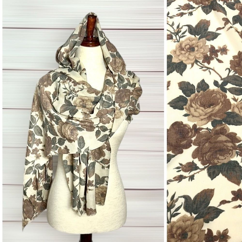 Echo Oblong Scarf Shawl Floral Ivory Taupe Viscose Blend Lightweight 78x27”